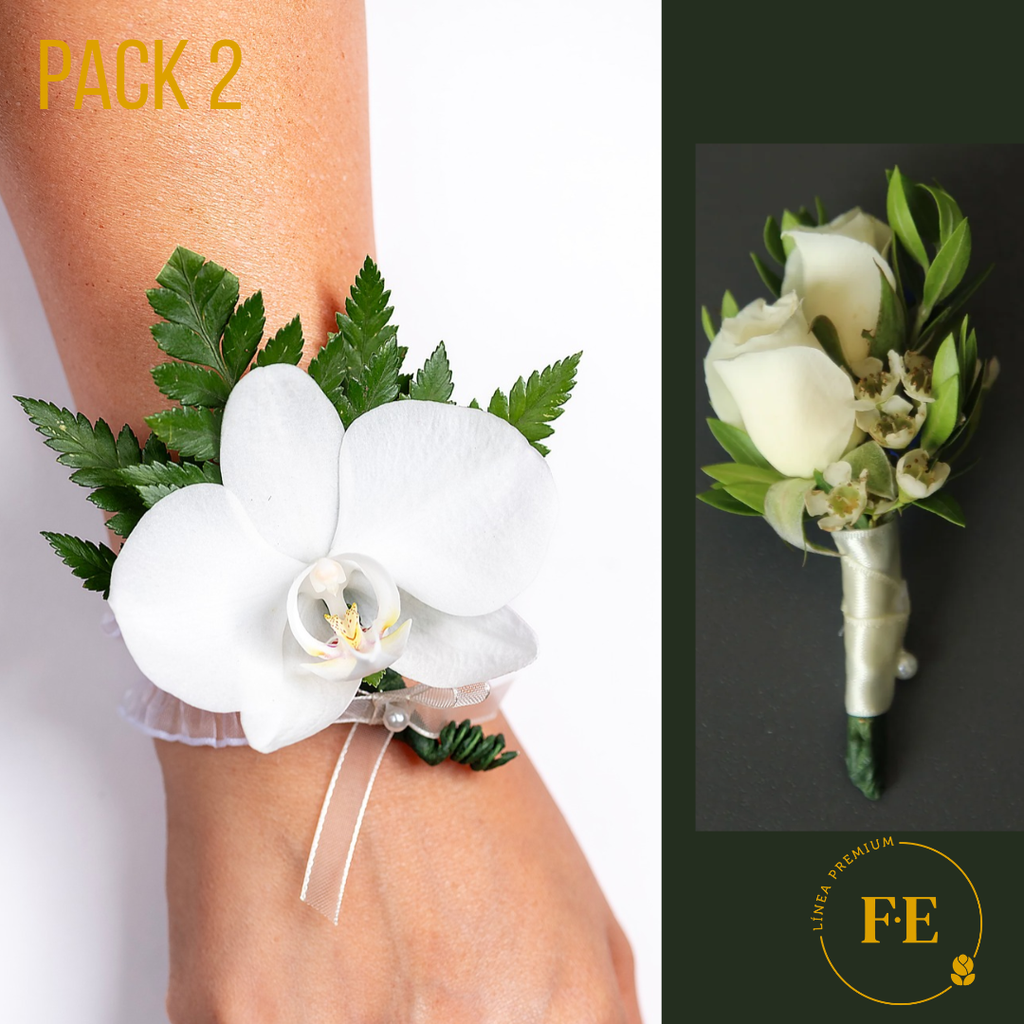 J - Pack 2: Corsage de orquídea mano + Boutonier de minirosas pecho