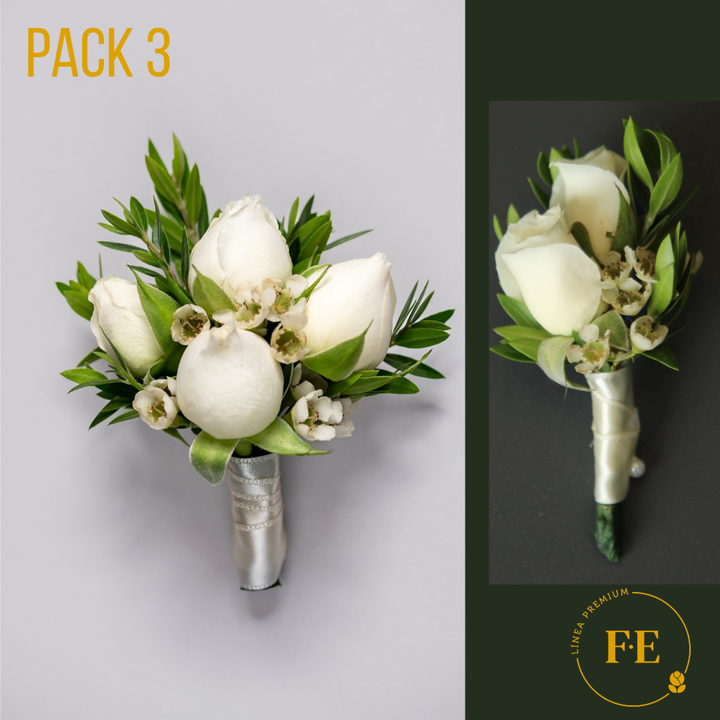 K - Pack 3: Corsage de minirosas blancas pecho + Boutonier de minirosas blancas pecho