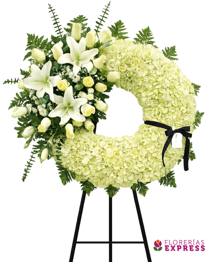 Corona grande c/ moña costado tonos blancos.