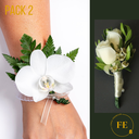 J - Pack 2: Corsage de orquídea mano + Boutonier de minirosas pecho