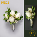 K - Pack 3: Corsage de minirosas blancas pecho + Boutonier de minirosas blancas pecho