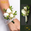 L - Pack 4: Corsage de minirosas blancas mano + Boutonier de minirosas blancas pecho